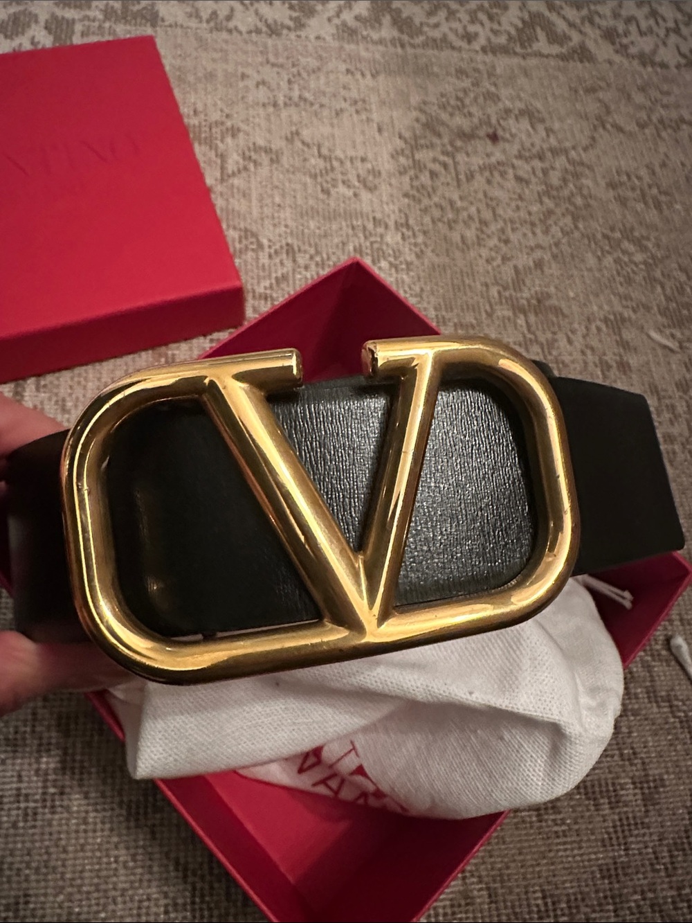 Valentino Garavani Black and Red VLOGO Leather Belt with Gold Buckle